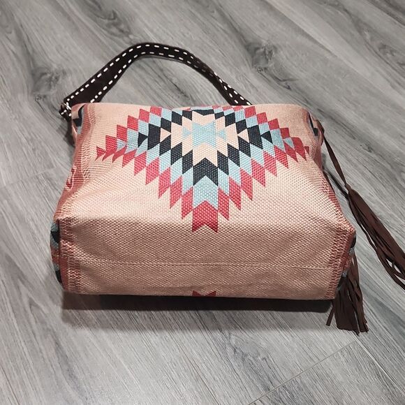 Southwestern Soft Burlap Fringe Stylish Tan & Brown Hobo Bag - Picture 7 of 11